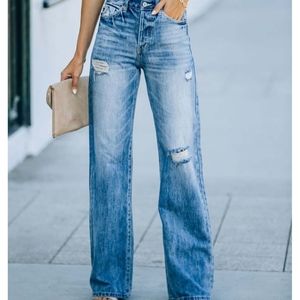 Distressed wide leg blue jeans size L NWT
